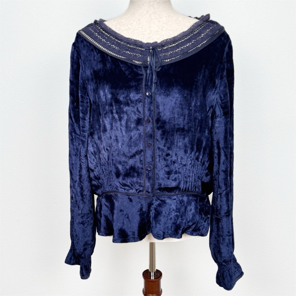 Vtg Y2K Faded Glory Top‎ Womens Large Navy Blue Velvet Fairy Boho Renaissance